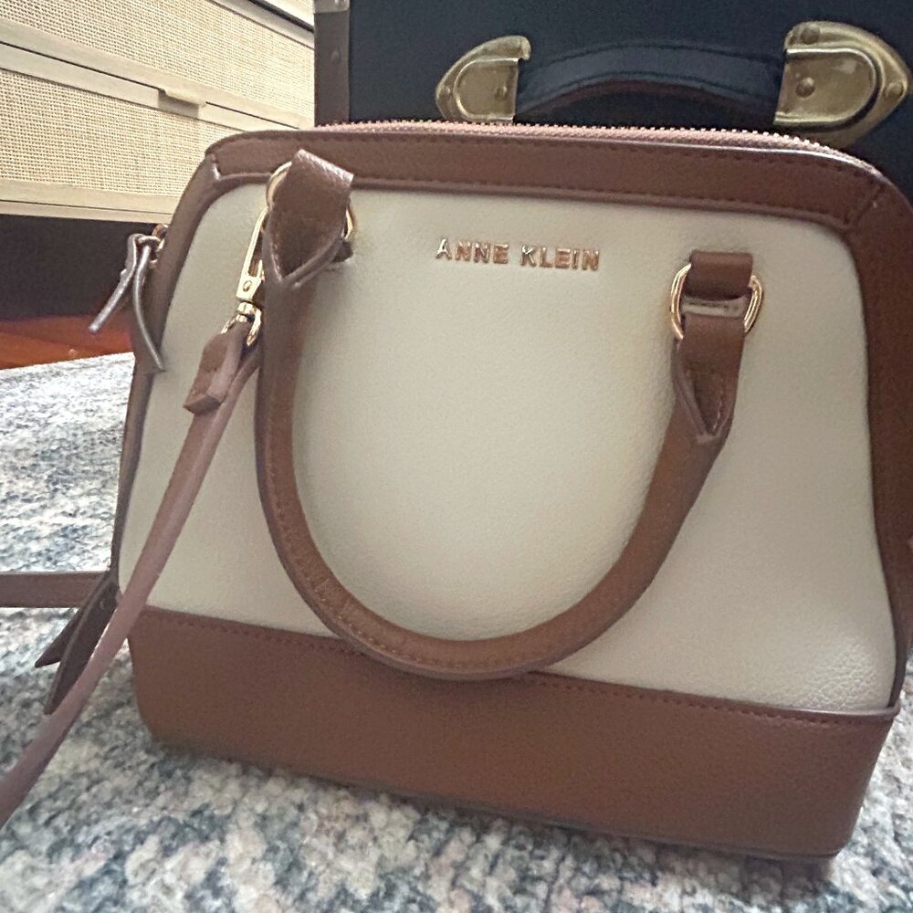 Anne Klein Two-Tone Satchel Crossbody - Cream & Brown Faux Leather